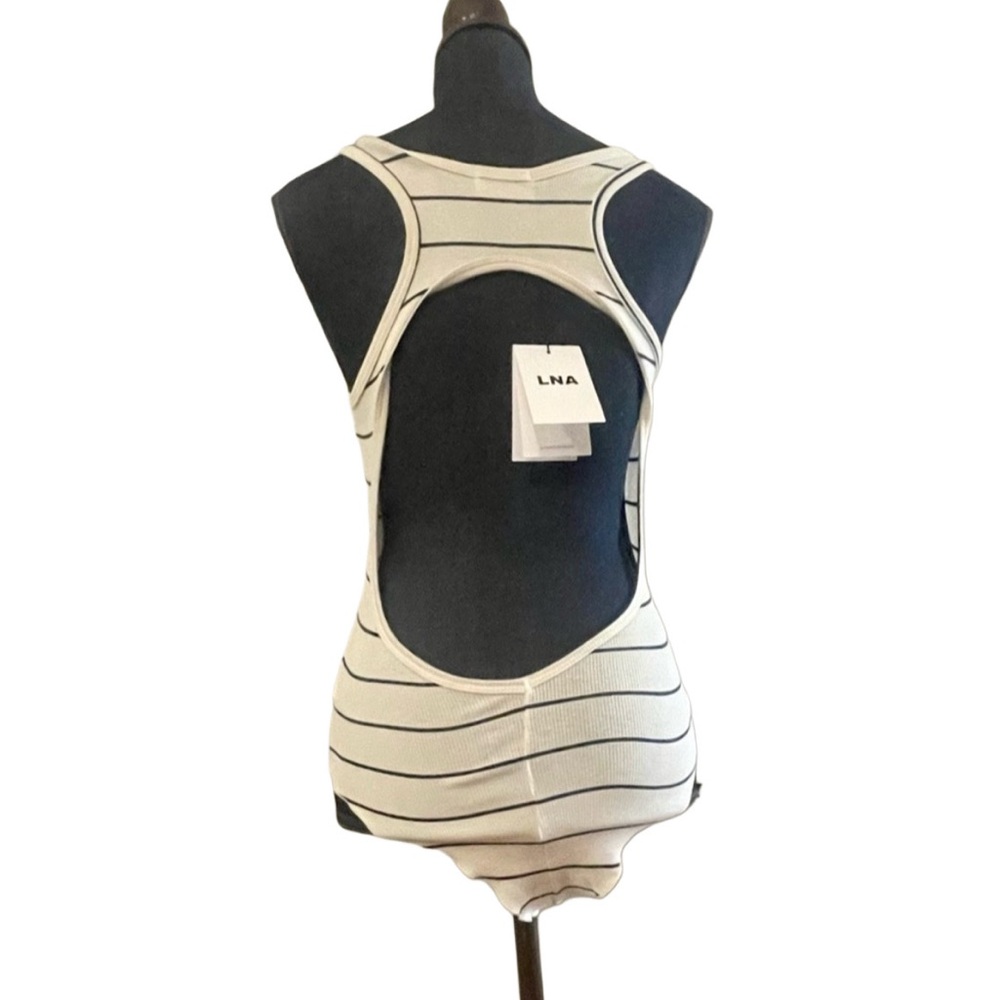 LNA Backless Striped Bodysuit Medium Cream Navy Ribbed Tank Sexy Open Back Top - Picture 6 of 9